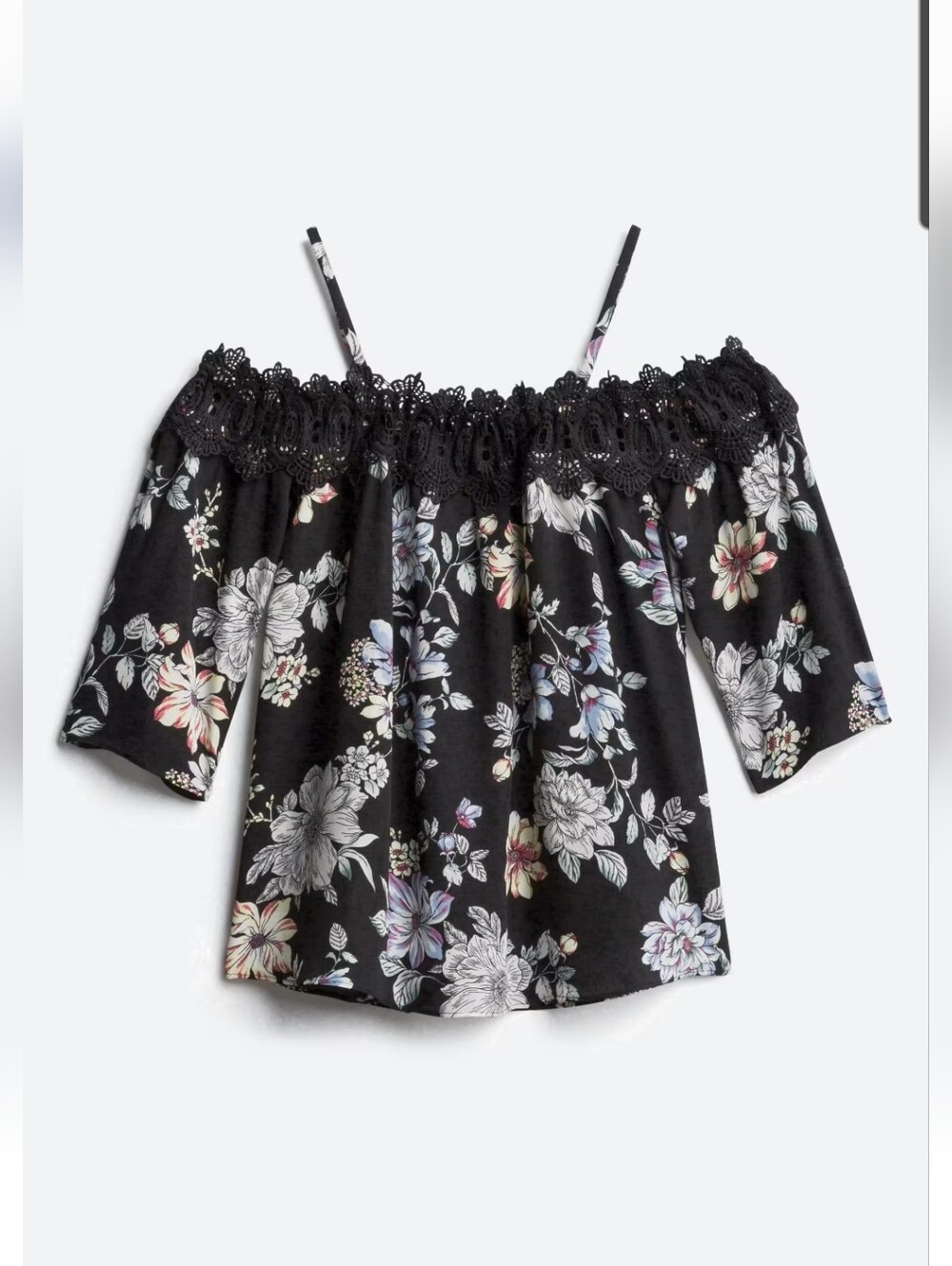 Fortune and IVy, eegant Black Floral Lace Trim Top sz M NWT